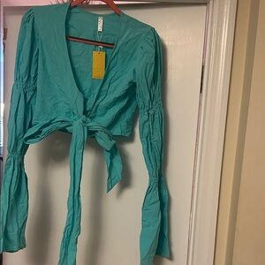 Elegant Turquoise Tie-Front Blouse